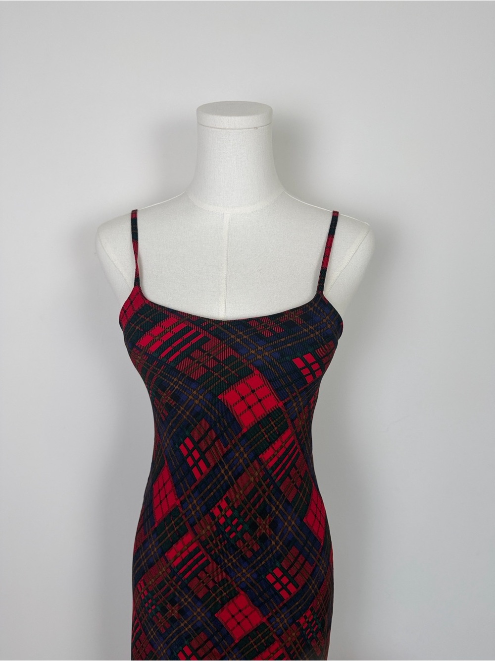 Vintage Betsey Johnson Red & Plaid Spaghetti-Strap Midi Dress - Picture 2 of 8